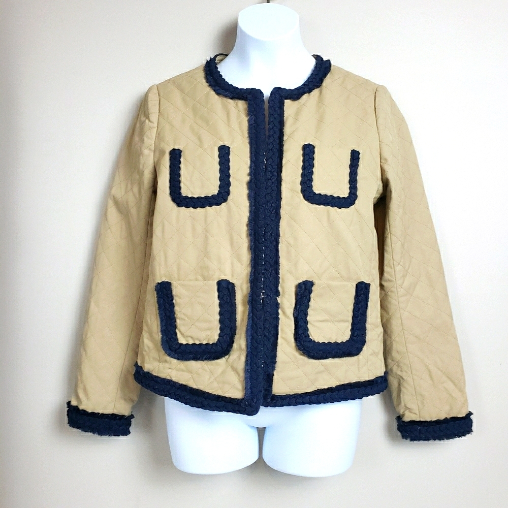 J. Crew Tan Quilted Jacket with Navy Trim